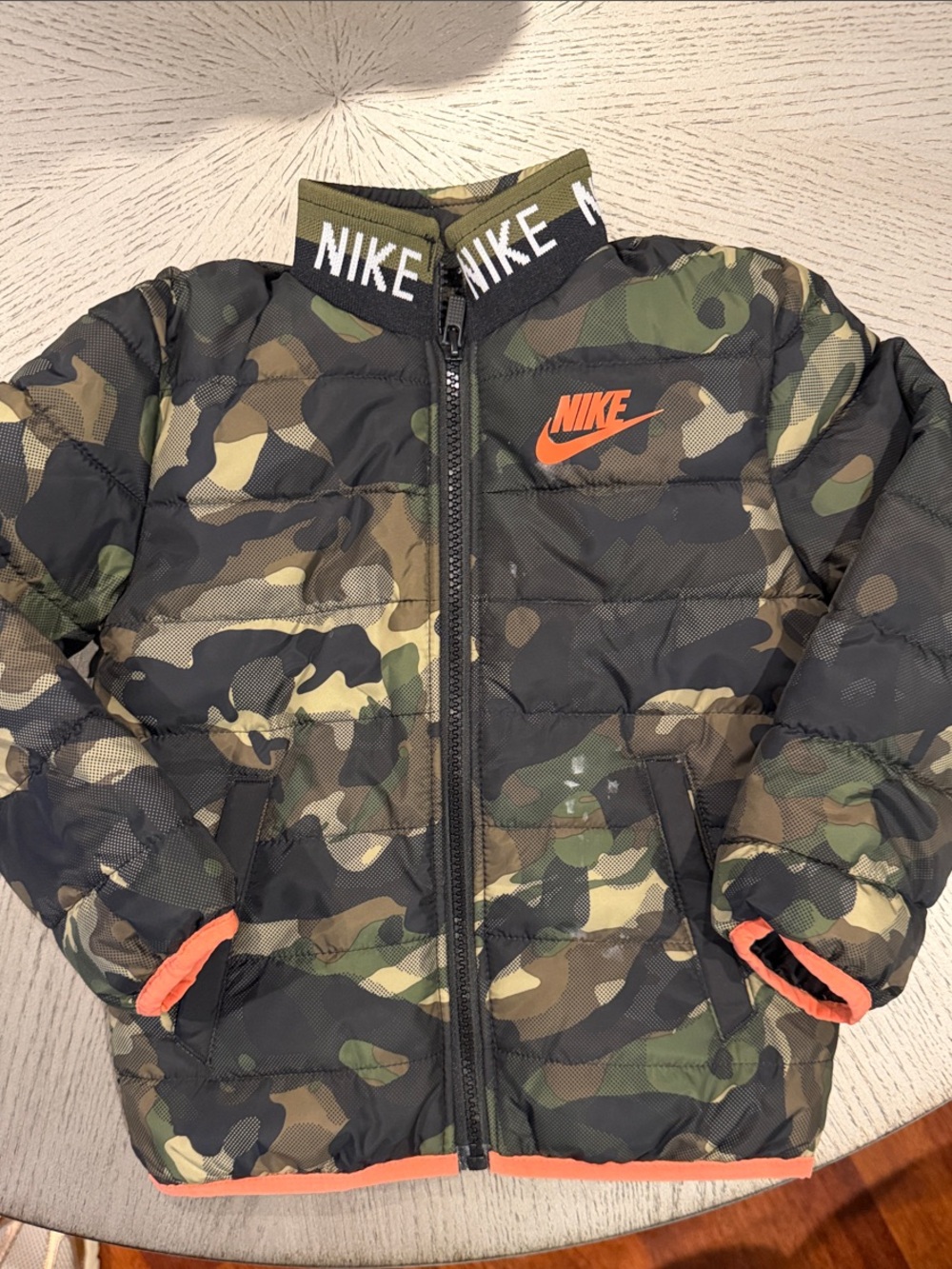 Nike Kids Camo Puffer Jacket with Orange Accents